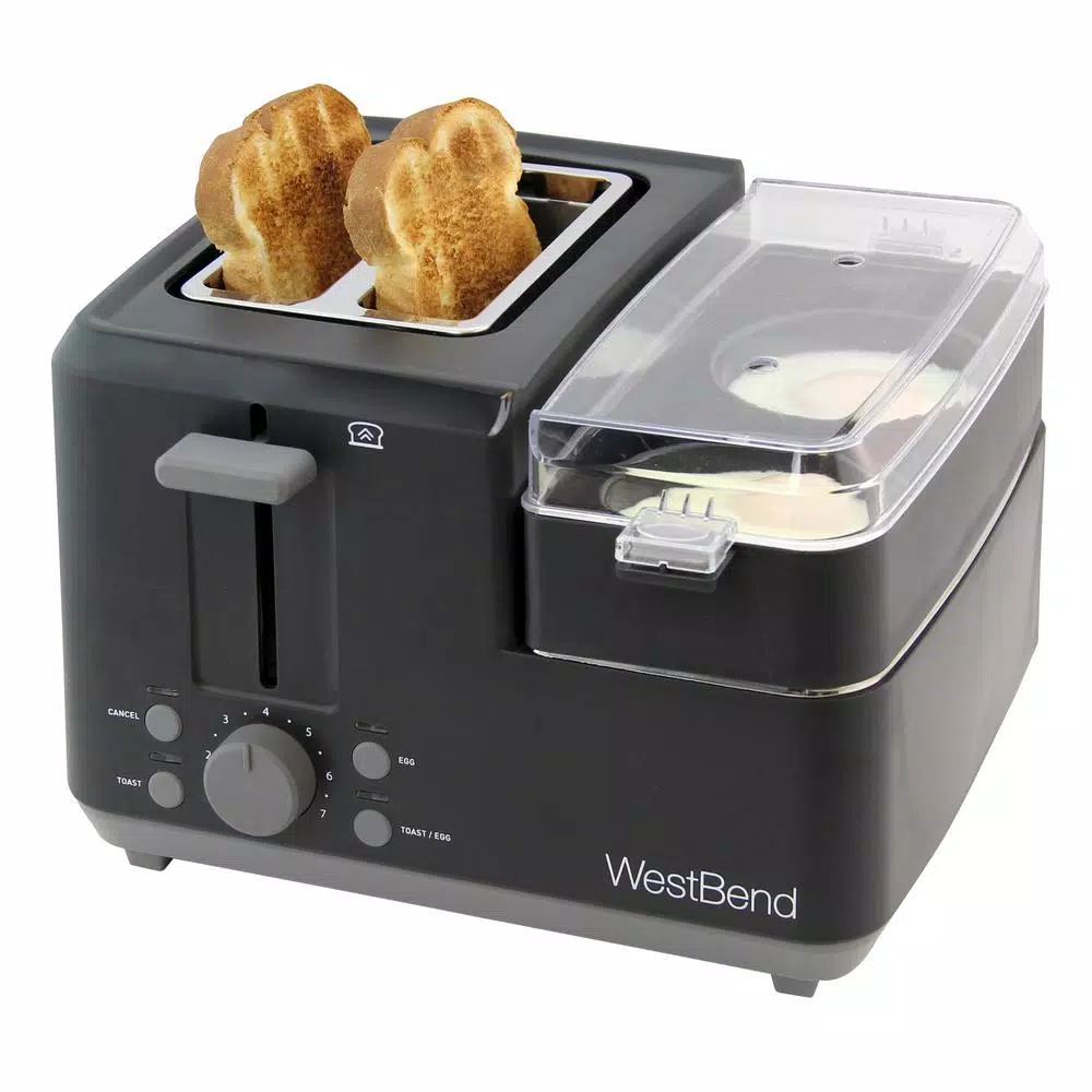 West Bend 2-Slice Wide Slot Breakfast Station Toaster and Egg Poacher with Meat Warming Tray, Black