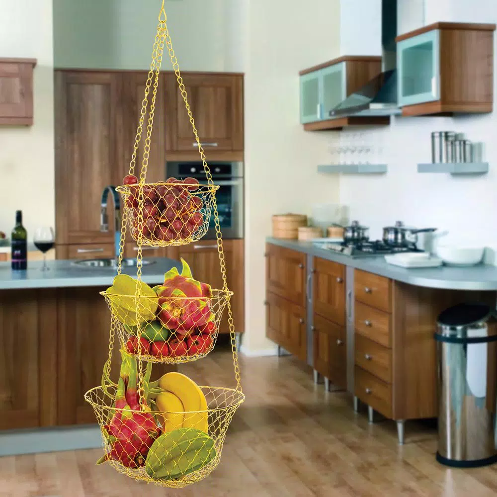 Fox Run Gold 3-Tier Hanging Fruit Basket - Iron Metal Wire Tiered Kitchen Organizer