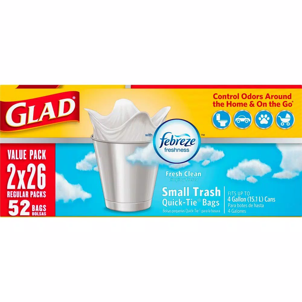 Glad OdorShield Small Trash Bags, 4 Gal, Fresh Clean Scent, Quick-Tie, 26-Count (2-Pack)