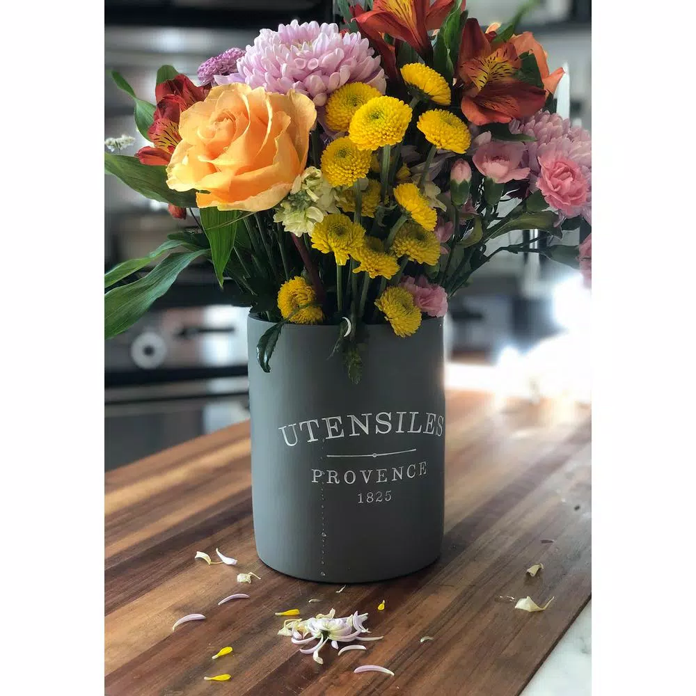 Fox Run 7 in. Slate Grey Round Cement Utensil Holder - Durable Kitchen Tool Crock