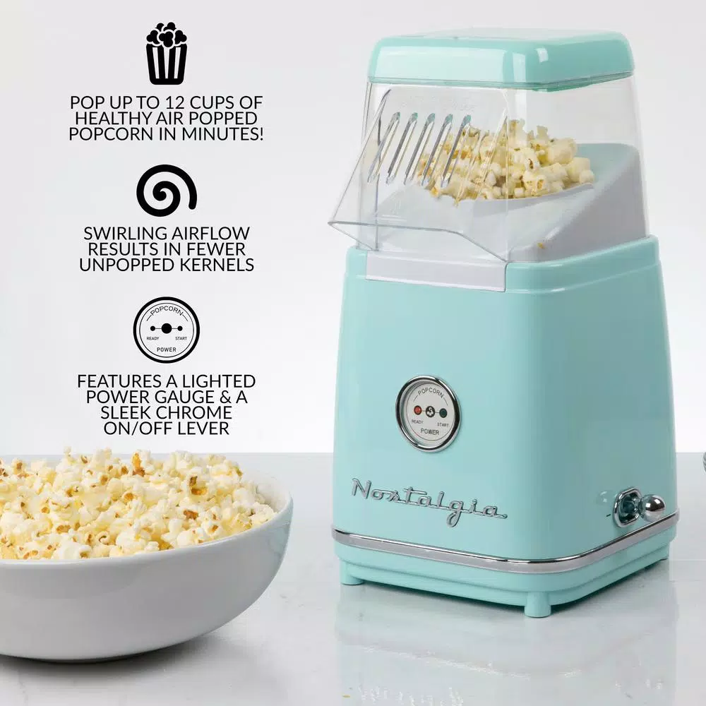 Nostalgia Aqua Hot Air Popcorn Maker, 1040W Countertop Popcorn Popper with LED Power Gauge