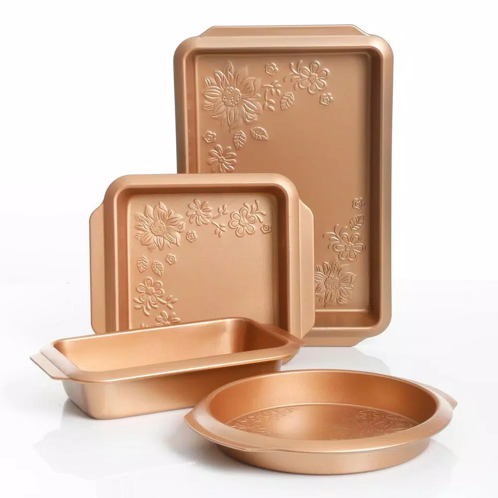 Gibson Home Richmound 4-Piece Copper Nonstick Carbon Steel Bakeware Set with Floral Embossed Design