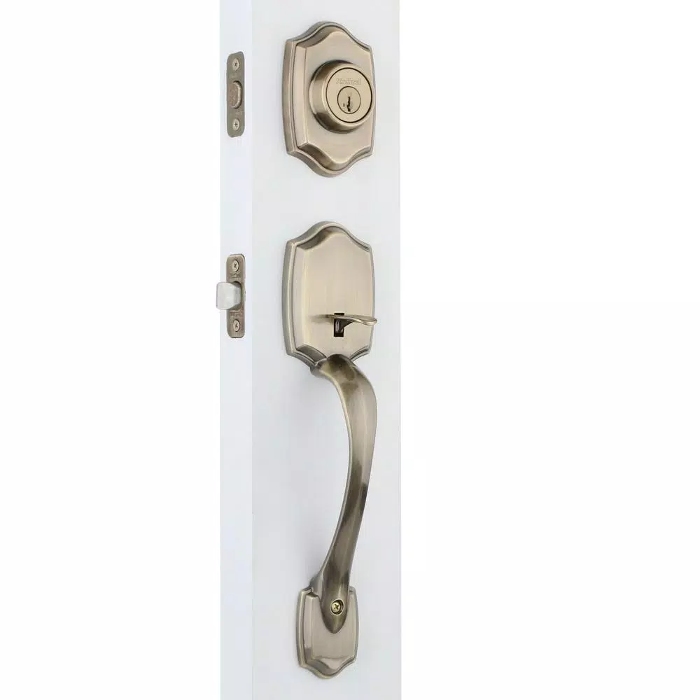 Kwikset Belleview Antique Brass Single Cylinder Handleset with Tylo Knob and SmartKey Security