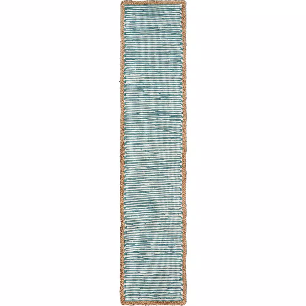 LR Home Blue and Cream Striped Cotton Table Runner with Jute Border, 16 x 80 in.