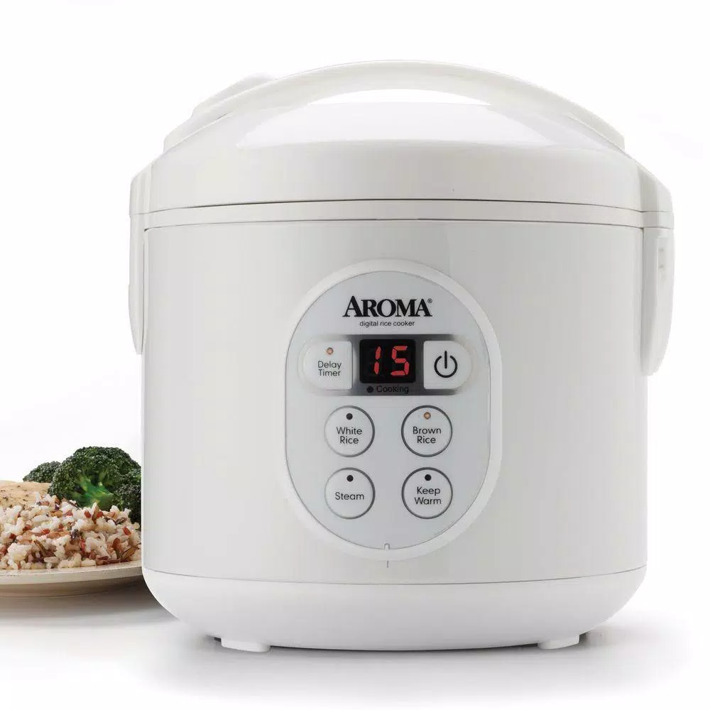 Aroma 8-Cup Digital Rice Cooker and Food Steamer, White with Black Control Panel