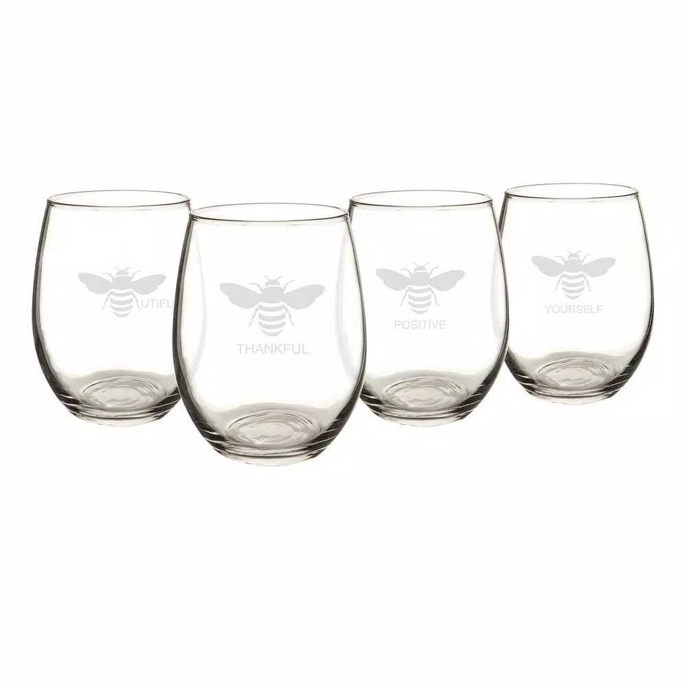 Cathy's Concepts Bee Thankful Stemless Wine Glasses, Set of 4, 21 oz. Hand-Blown Glassware