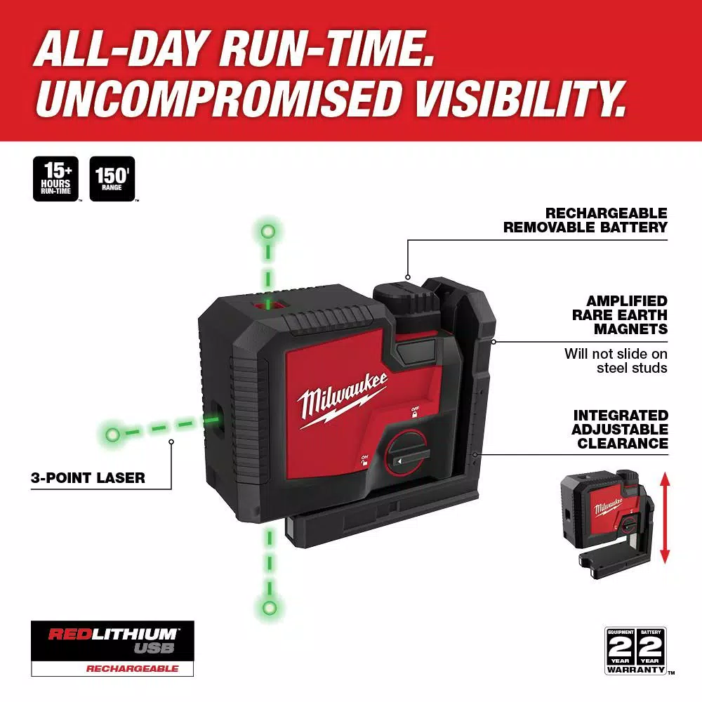 Milwaukee Green 3-Point Rechargeable Laser Level with REDLITHIUM USB Battery