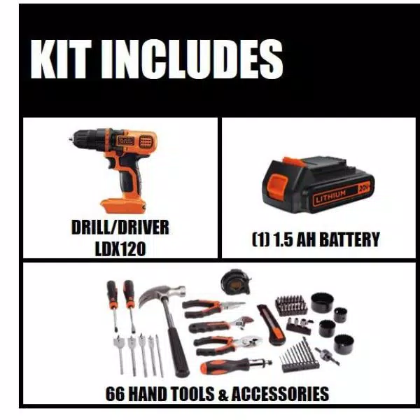 BLACK+DECKER 20V MAX Lithium-Ion Cordless Drill and 66-Piece Hand Tool Project Kit