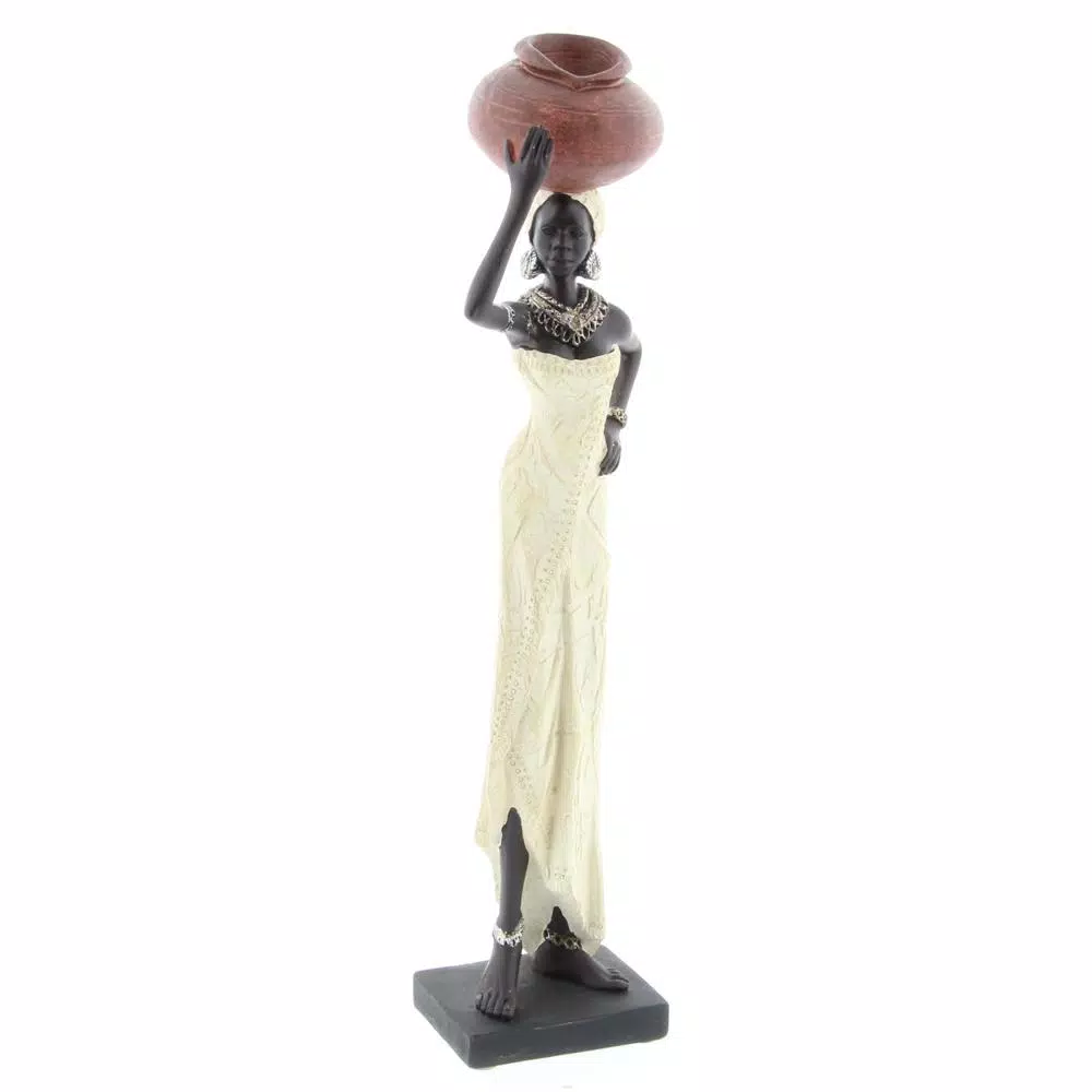 LITTON LANE Traditional African Lady Sculptures with Urns - Ivory Polystone Statues (2-Pack)