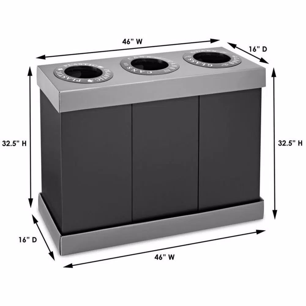 Alpine Industries 28 Gal. Black Corrugated Plastic 3-Compartment Indoor Trash and Recycling Bin