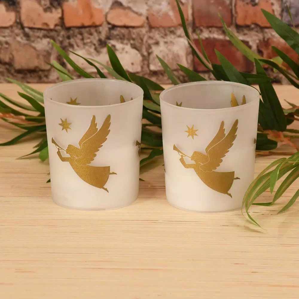 LUMABASE Gold Angels Battery Operated LED Candles with Timer, Frosted Glass and Genuine Wax, 2-Count