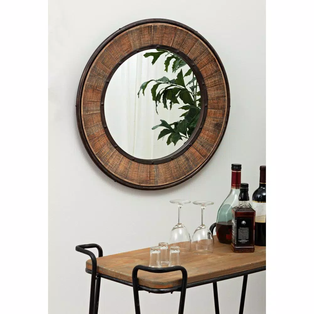 Home Decorators Collection 31 in. Round Farmhouse Accent Mirror with Distressed Wood Finish