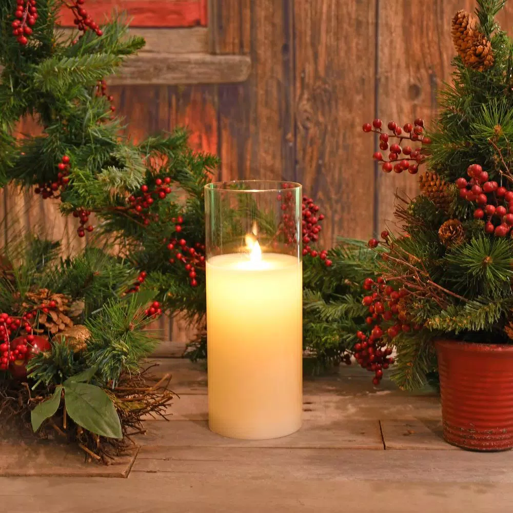 LUMABASE 10 in. Glass Hurricane LED Flameless Candle with Moving Flame, Battery Operated