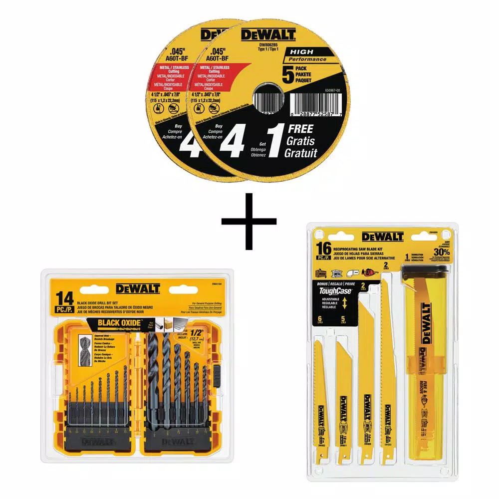 DEWALT 4-1/2 in. Metal & Stainless Cutting Wheel (10-Pack) and 14-Piece Black Oxide Drill Bit Set