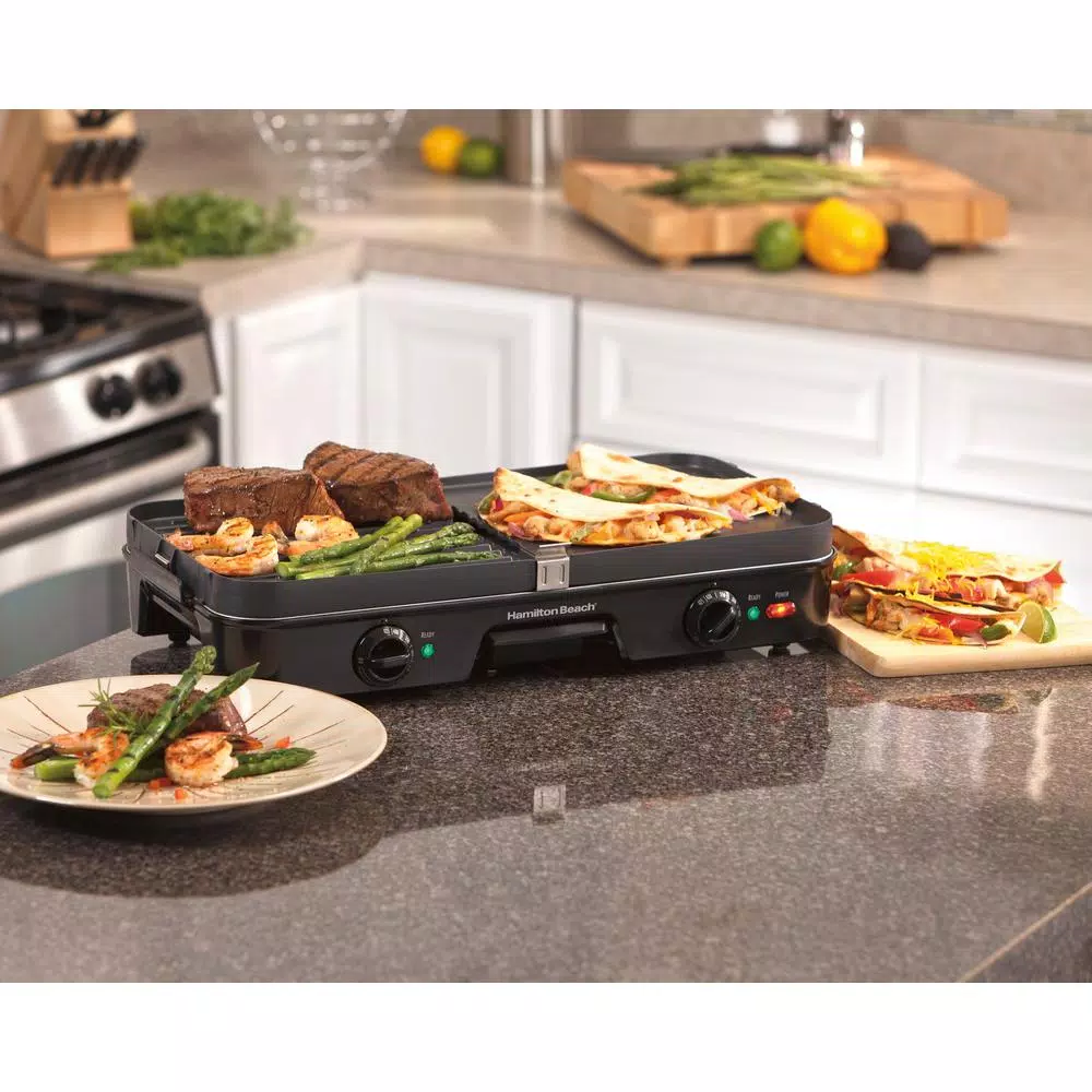 Hamilton Beach 3-in-1 Indoor Grill and Griddle, 180 sq. in. Nonstick Cooking Surface, Black