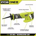 RYOBI 18V ONE+ Cordless Reciprocating Saw with 1.5 Ah Lithium-Ion Battery and 6" Wood Blade thumbnail 3