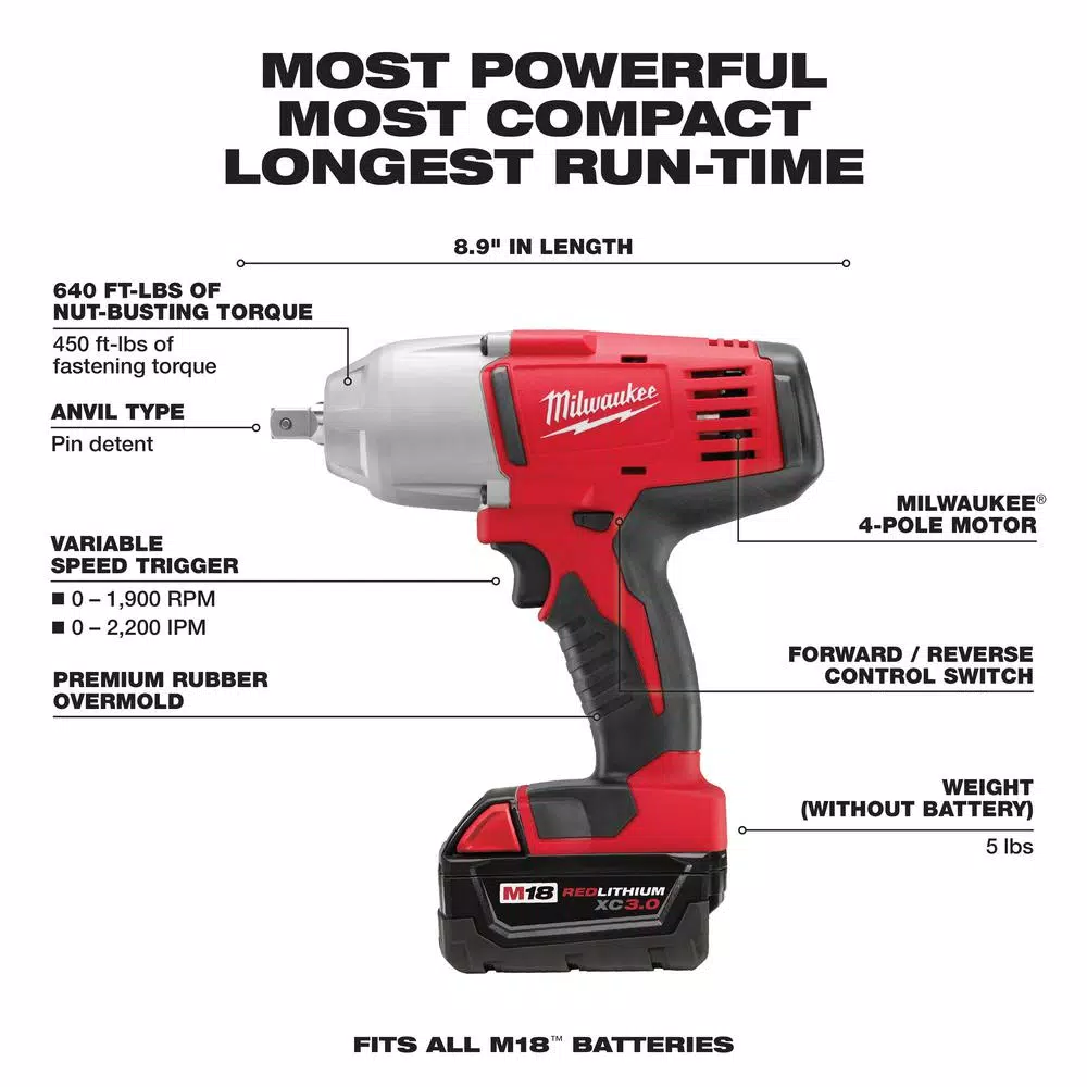 Milwaukee M18 1/2 in. High-Torque Impact Wrench Kit with (2) 3.0 Ah Batteries, Charger & Case