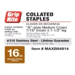 Grip-Rite 1-1/2 in. 16-Gauge 316 Stainless Steel Medium Crown Staples, 500-Pack thumbnail 3