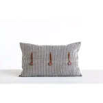 3R Studios Black and Beige Striped Cotton Ticking Throw Pillow with Leather Accents, 20 x 12 in. thumbnail 3