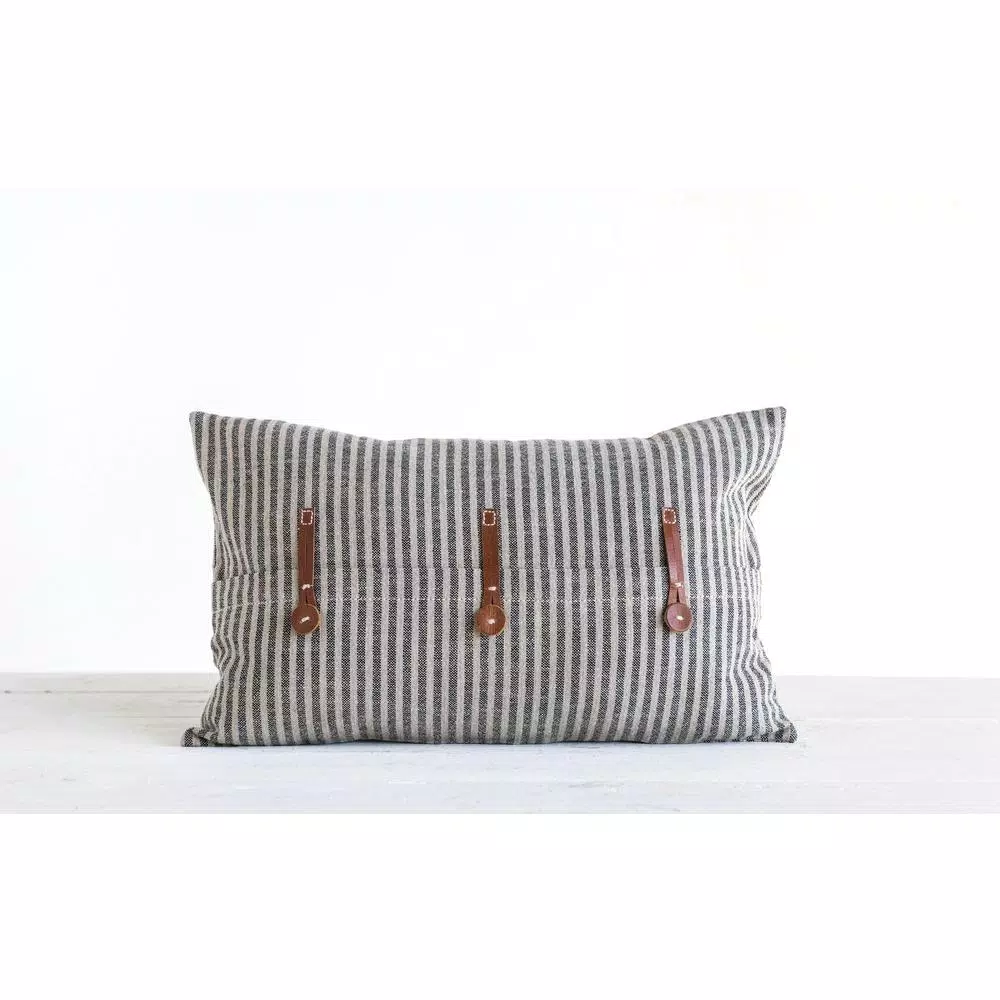 3R Studios Black and Beige Striped Cotton Ticking Throw Pillow with Leather Accents, 20 x 12 in.