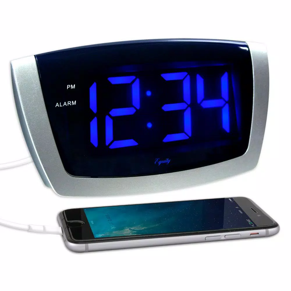 Equity by La Crosse Large 1.8 in. Blue LED Digital Alarm Clock with USB Charging Port - Silver