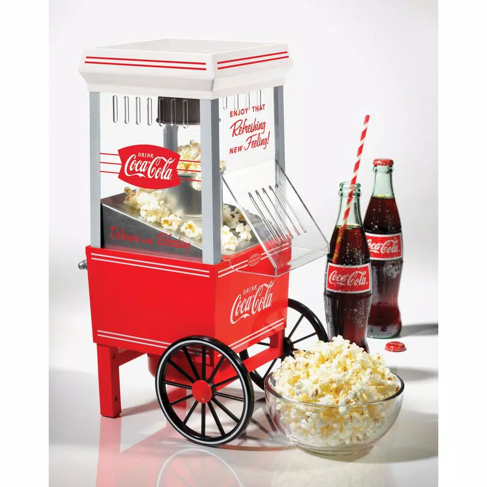 Nostalgia Coca-Cola Hot Air Popcorn Maker with Cart, 4 oz. Capacity, Red