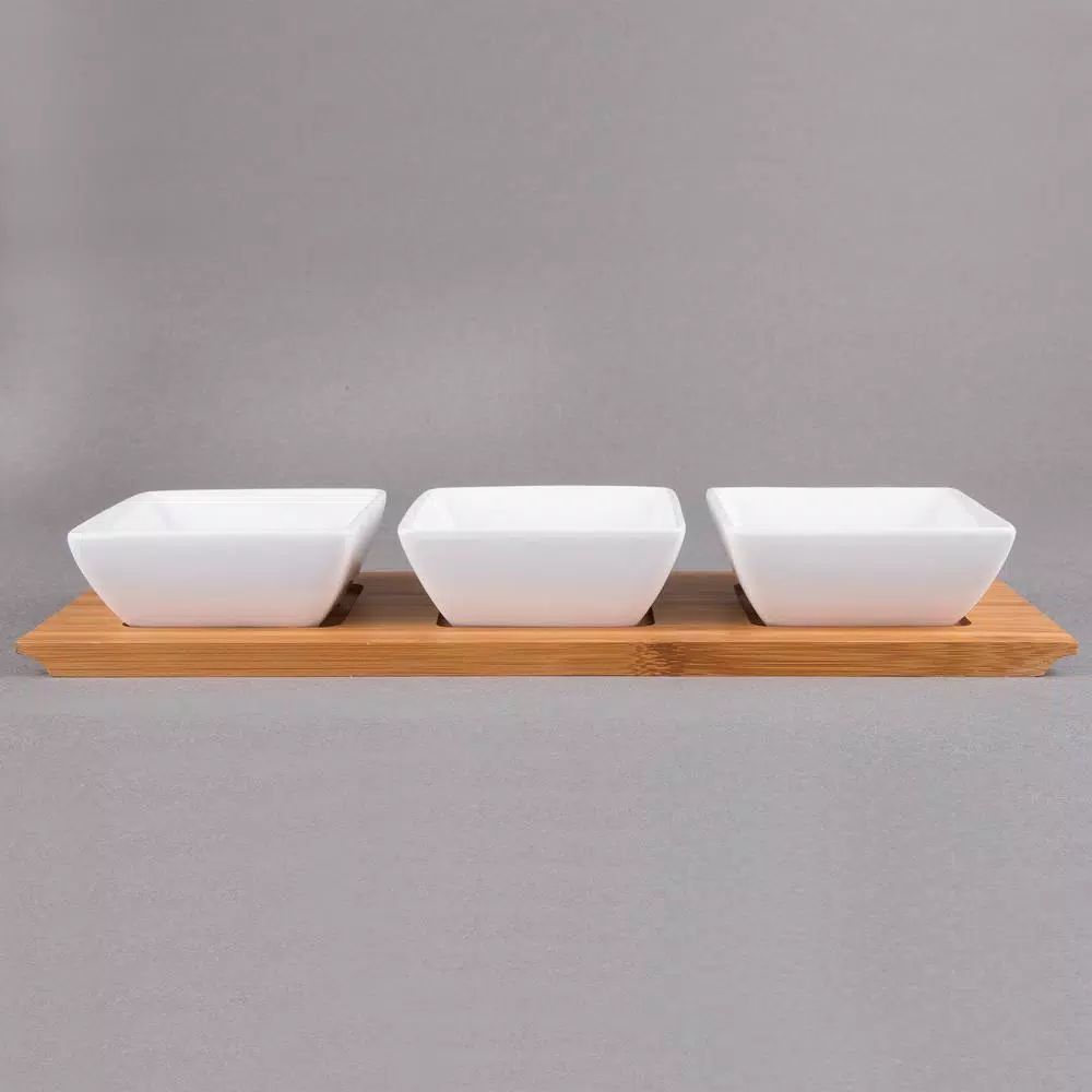 Creative Home 4-Piece Stoneware Square Bowls and Natural Bamboo Serving Tray Set