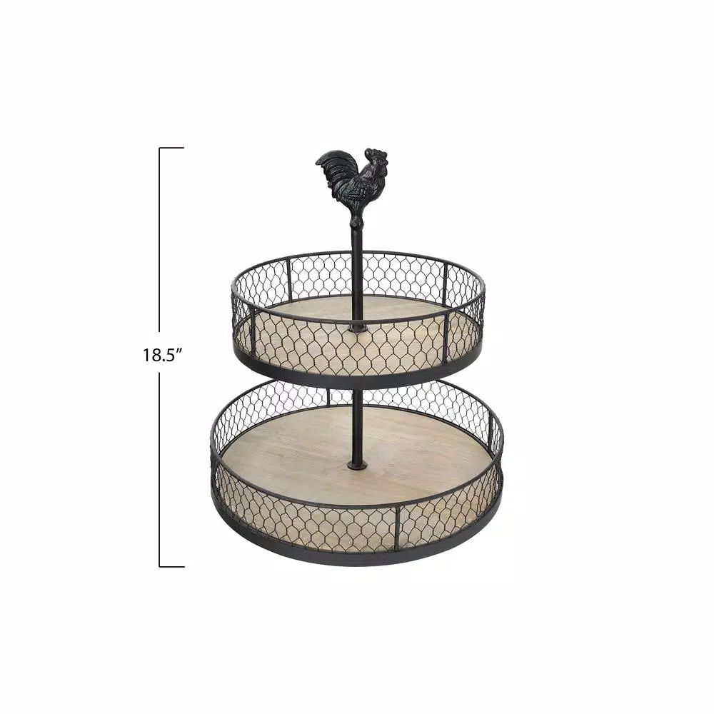 3R Studios Black Metal 2-Tier Decorative Rooster Tiered Tray - Farmhouse Style