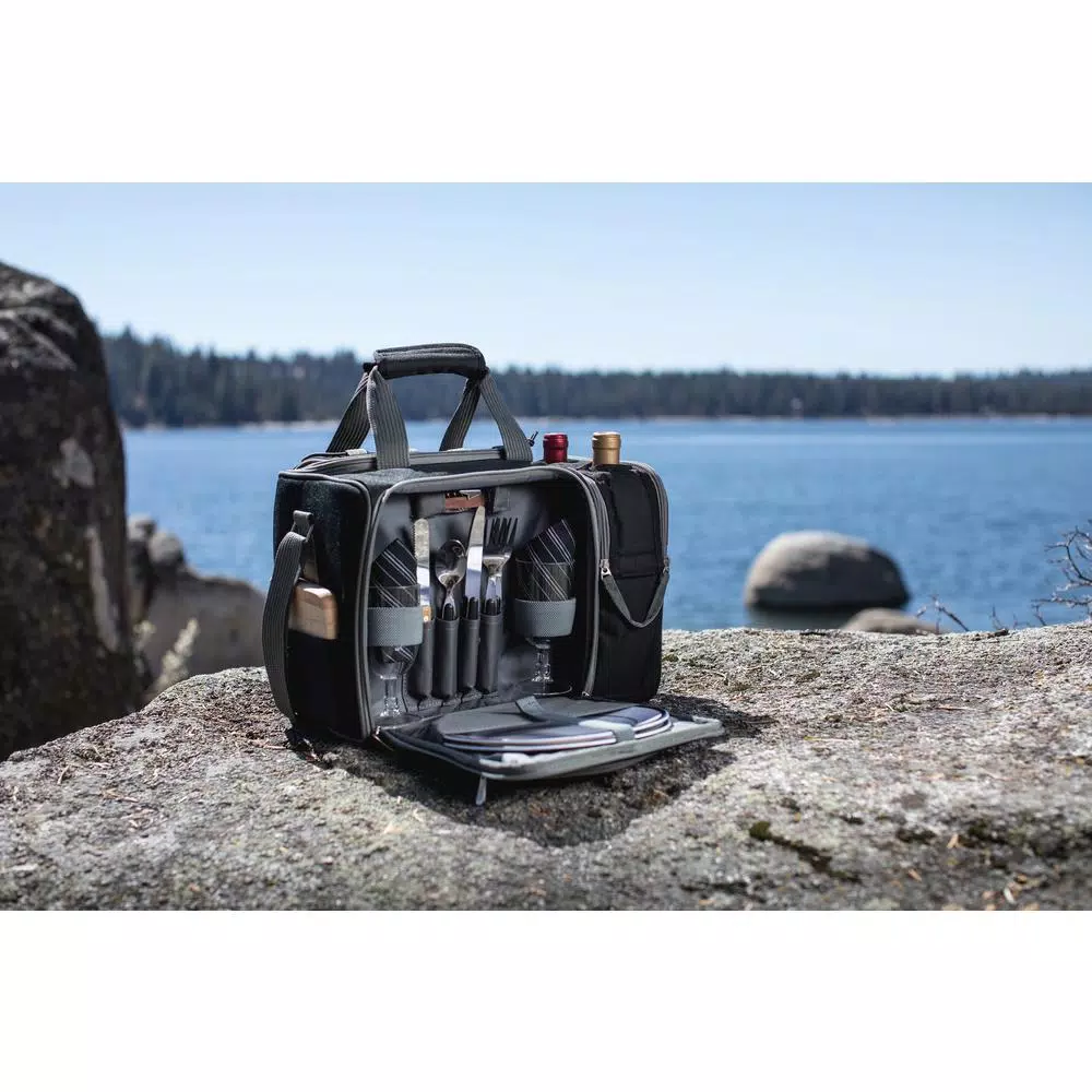 Picnic Time Malibu Black Wood Picnic Cooler Tote - Insulated Picnic Set for Two