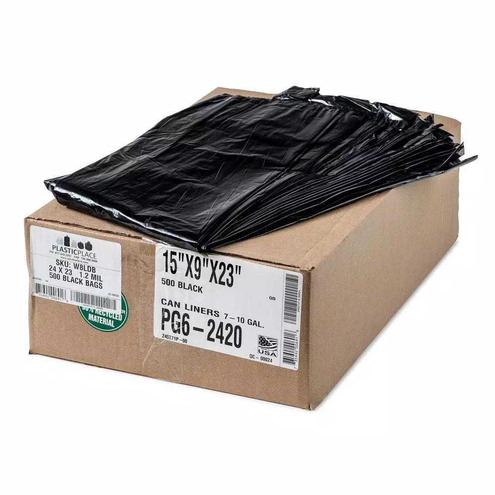 Plasticplace 7-10 Gal. Black Trash Bags, 1.2 Mil Thickness, 500 Count Case