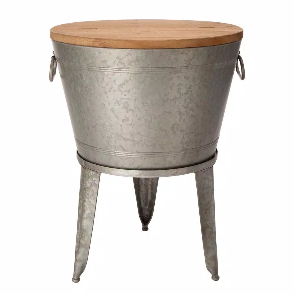 Glitzhome 26.29 in. Gray Galvanized Metal Beverage Tub with Firwood Lid and Metal Stand