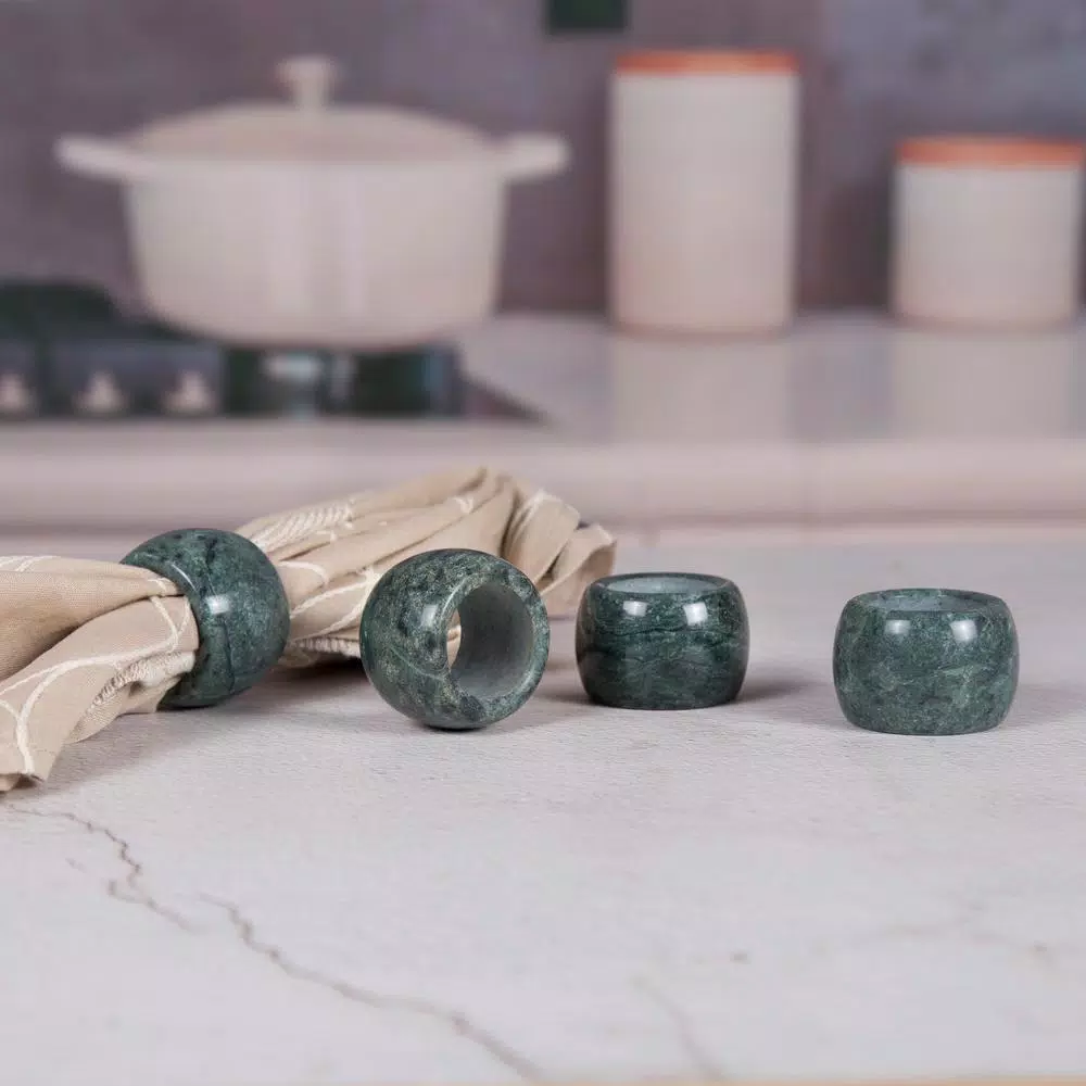 Creative Home Natural Green Marble Napkin Ring Holder Set, Set of 4 for Fine Dining and Weddings