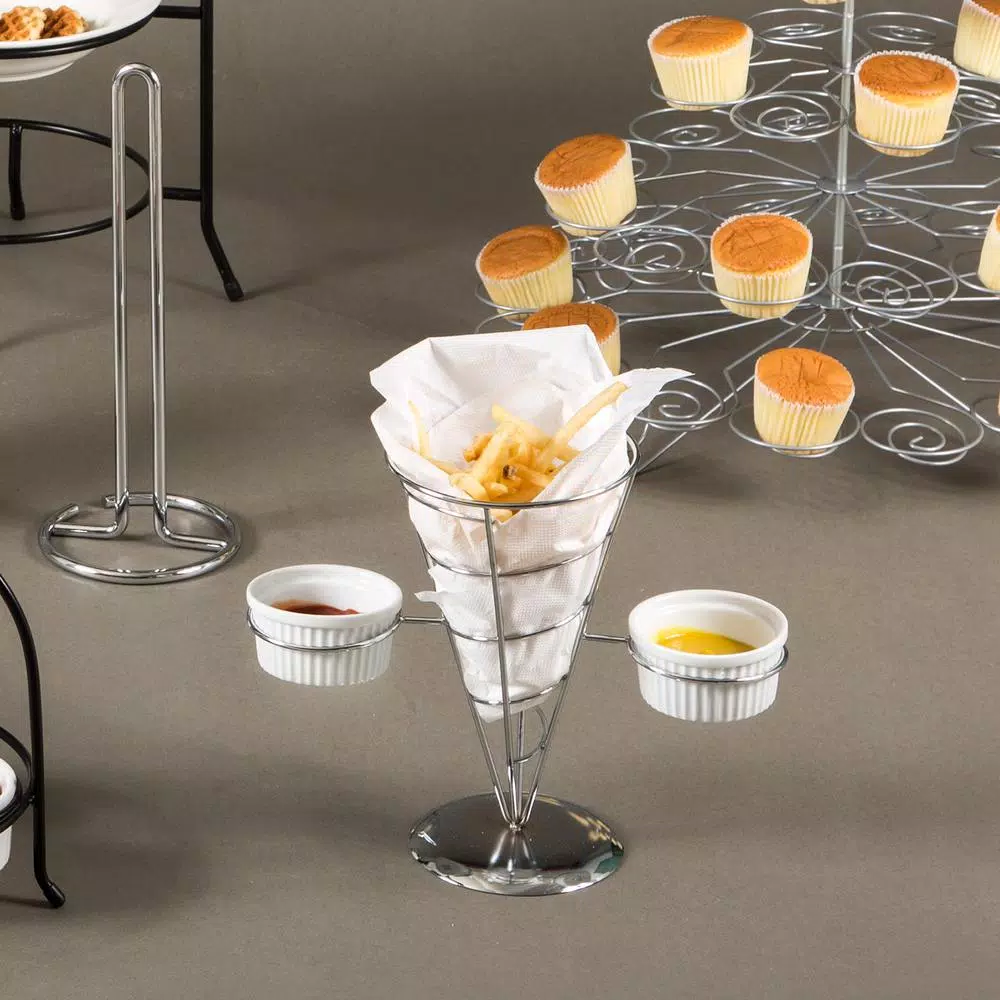 Creative Home Chrome Iron Wire French Fry Serving Set with Single Cone Holder and 2 Ceramic Ramekins