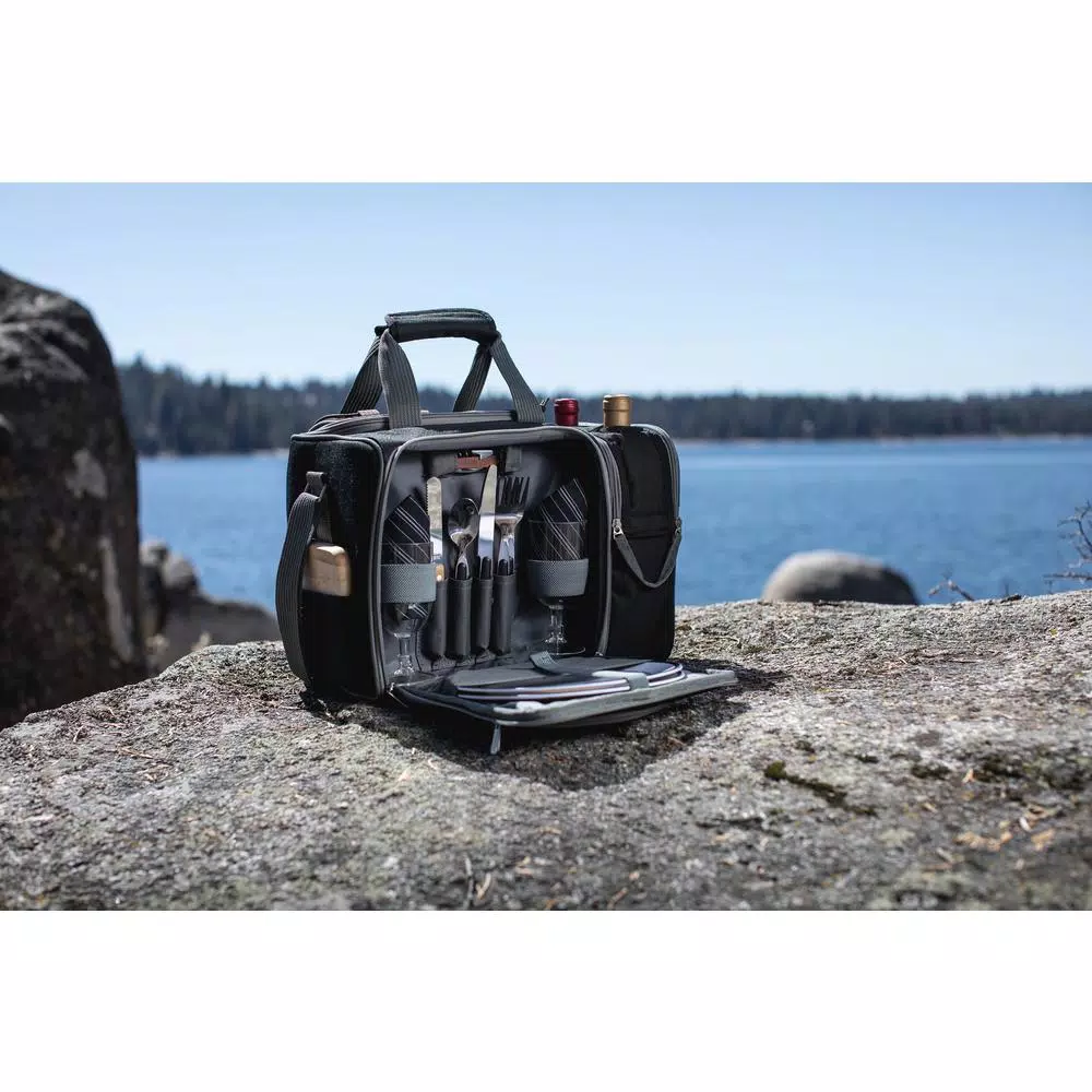 Picnic Time Malibu Black Wood Picnic Cooler Tote - Insulated Picnic Set for Two