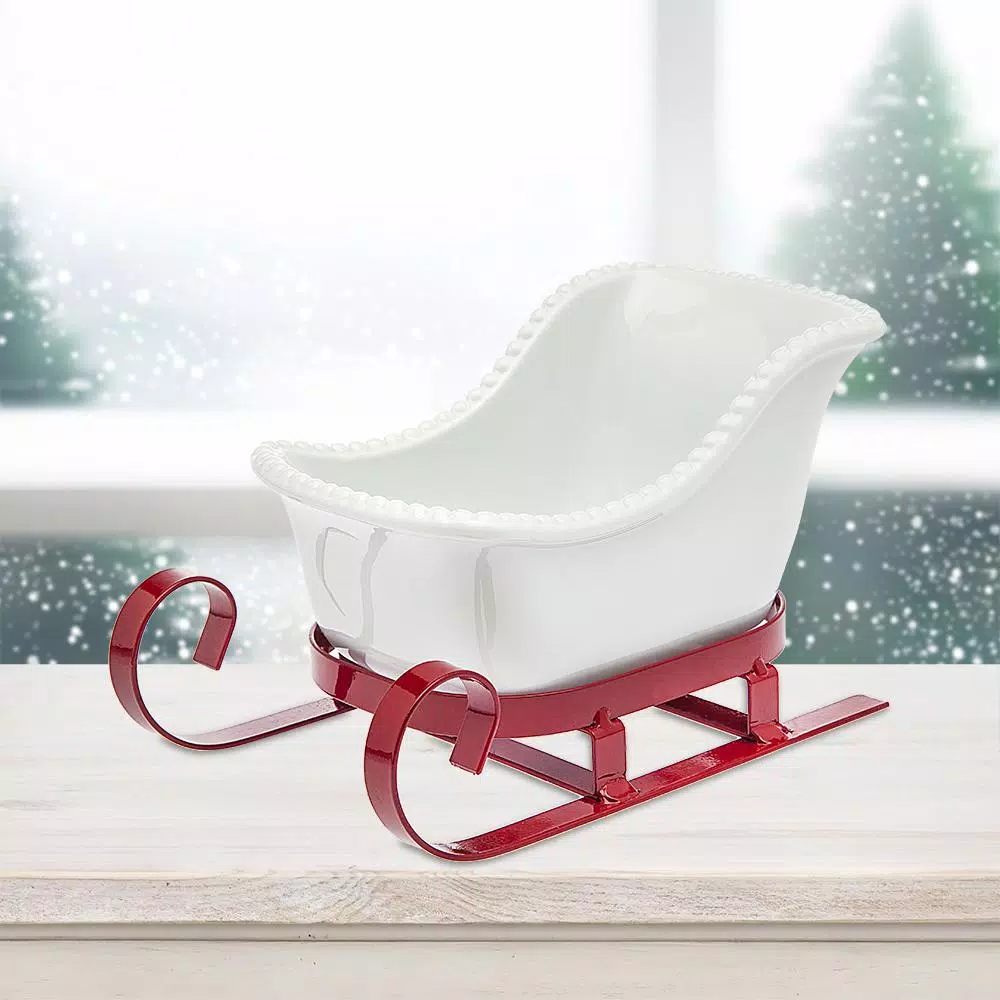 Godinger White Metal Santa Sleigh Candy Dish - Rustic Red Iron Holiday Garnish Tray