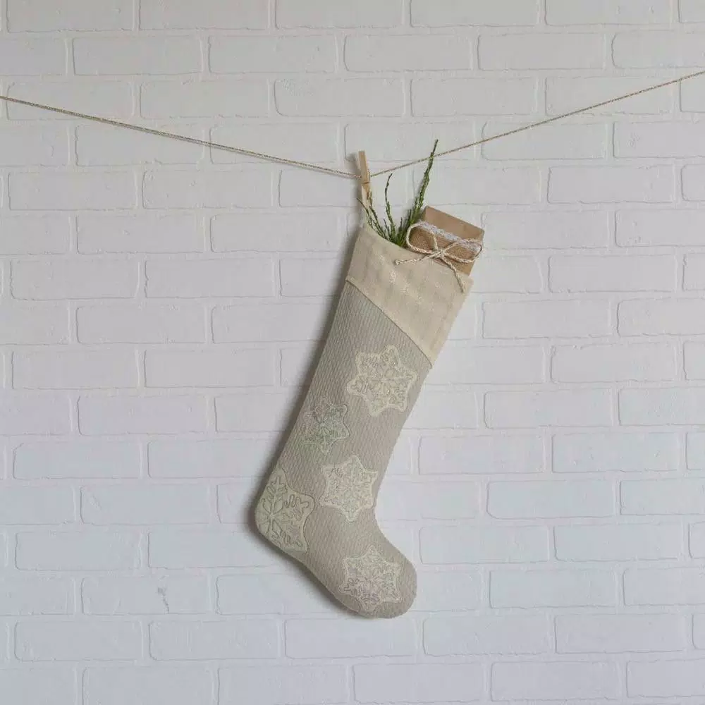VHC Brands Ingrid Ash Grey Farmhouse Christmas Stocking - 20 in. Cotton with Metallic Silver Snowflakes
