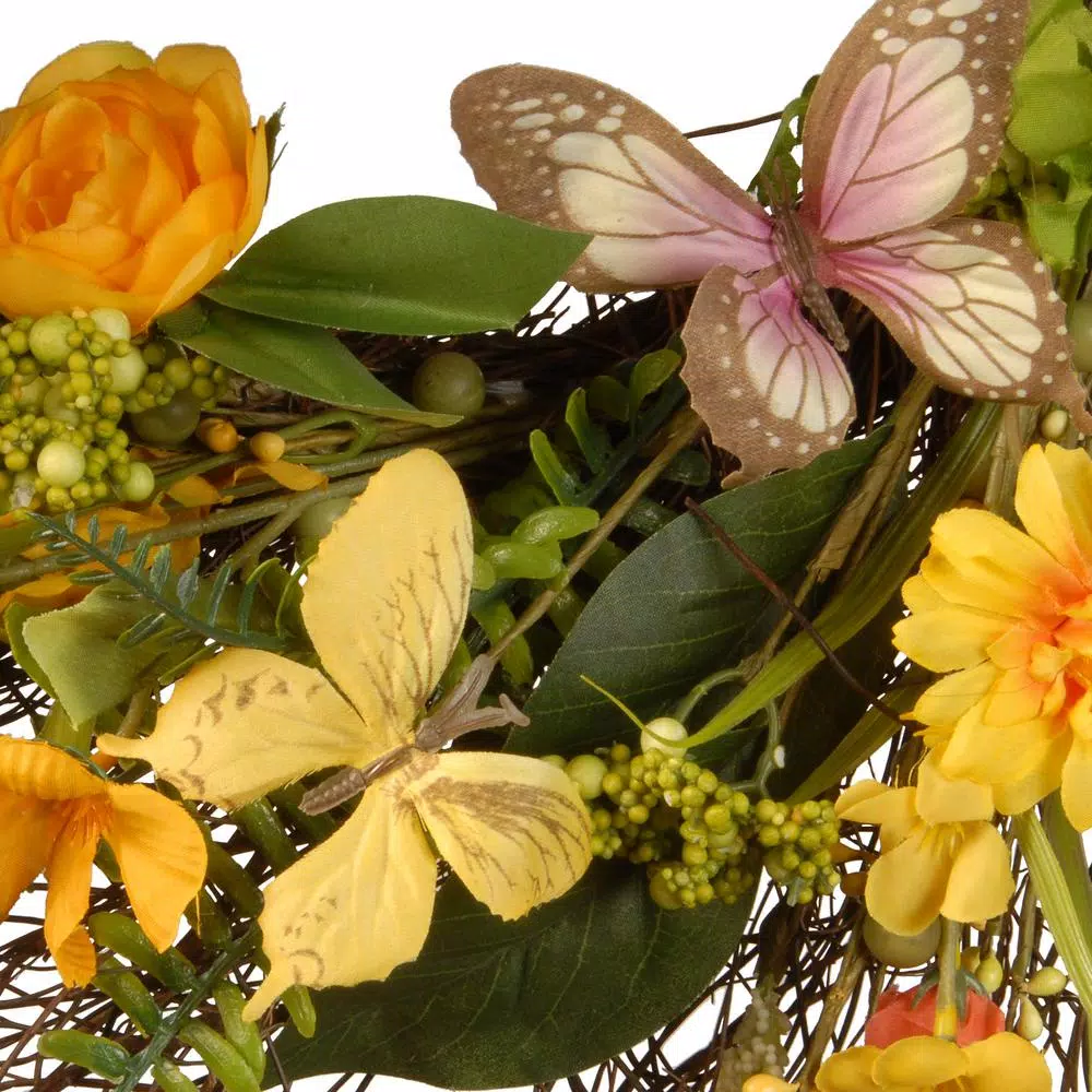 National Tree Company 24 in. Decorative Spring Wreath with Mixed Flowers, Greenery, and Butterflies