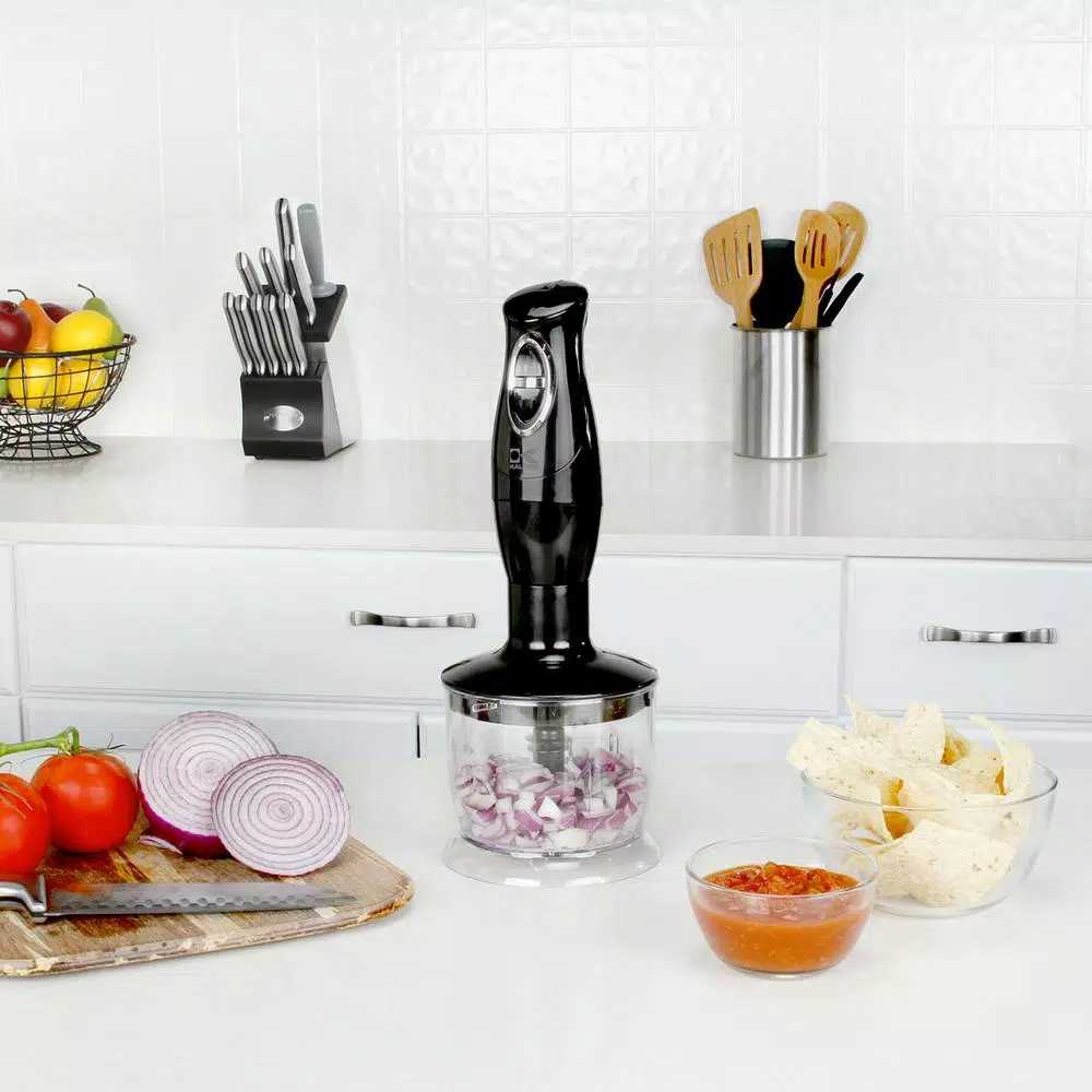 KALORIK 3-in-1 Black Stainless Steel Hand Mixer with Food Chopper, Whisk, and Mixing Cup