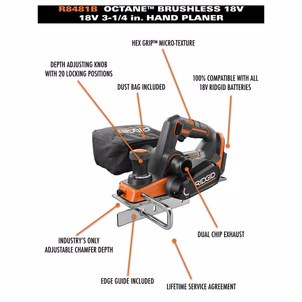 RIDGID 18V OCTANE Cordless Brushless 3-1/4 in. Hand Planer Kit with 3.0 Ah Bluetooth Battery and Charger