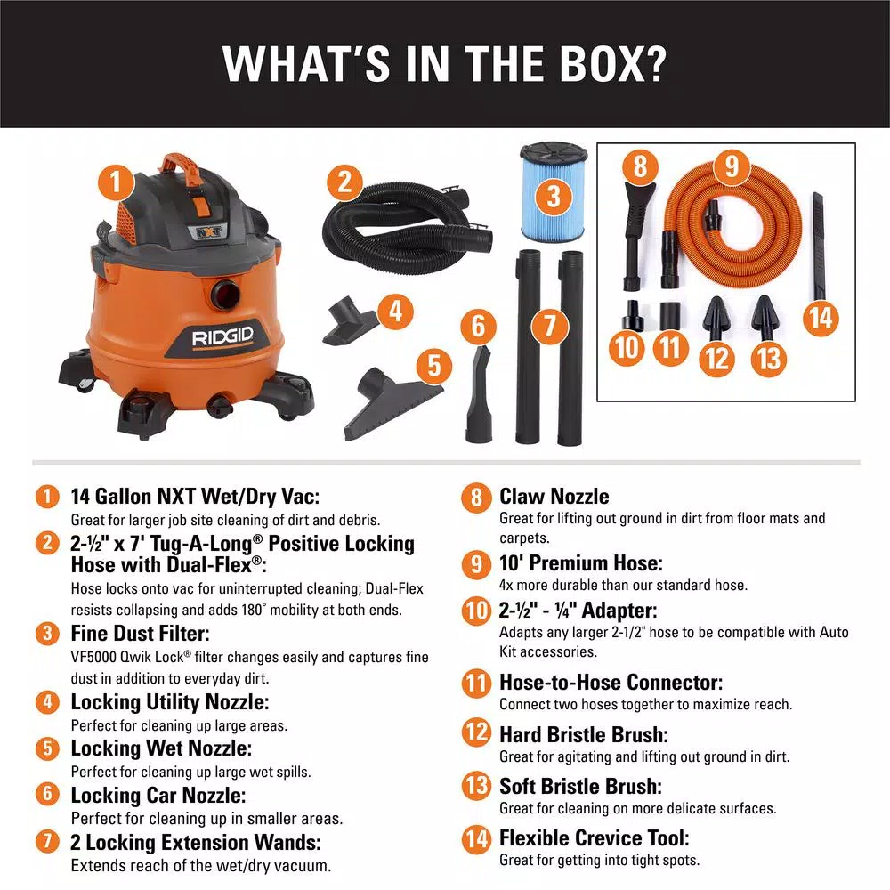 RIDGID 14 Gal. 6.0 Peak HP NXT Wet/Dry Shop Vacuum with Premium Car Cleaning Kit