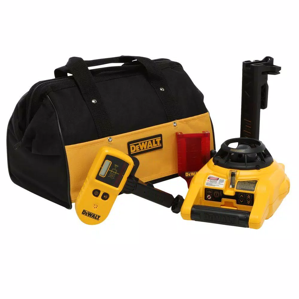 DEWALT Red Self-Leveling Rotary Laser Level Kit with Detector, Clamp, Wall Mount, and Bag