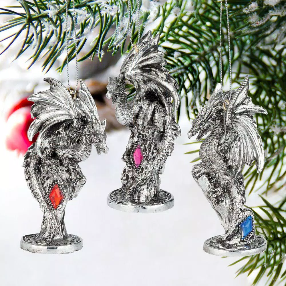 Design Toscano Three Dragons of the Amesbury Holiday Gemstone Ornament Set, 3-Piece Silver Resin