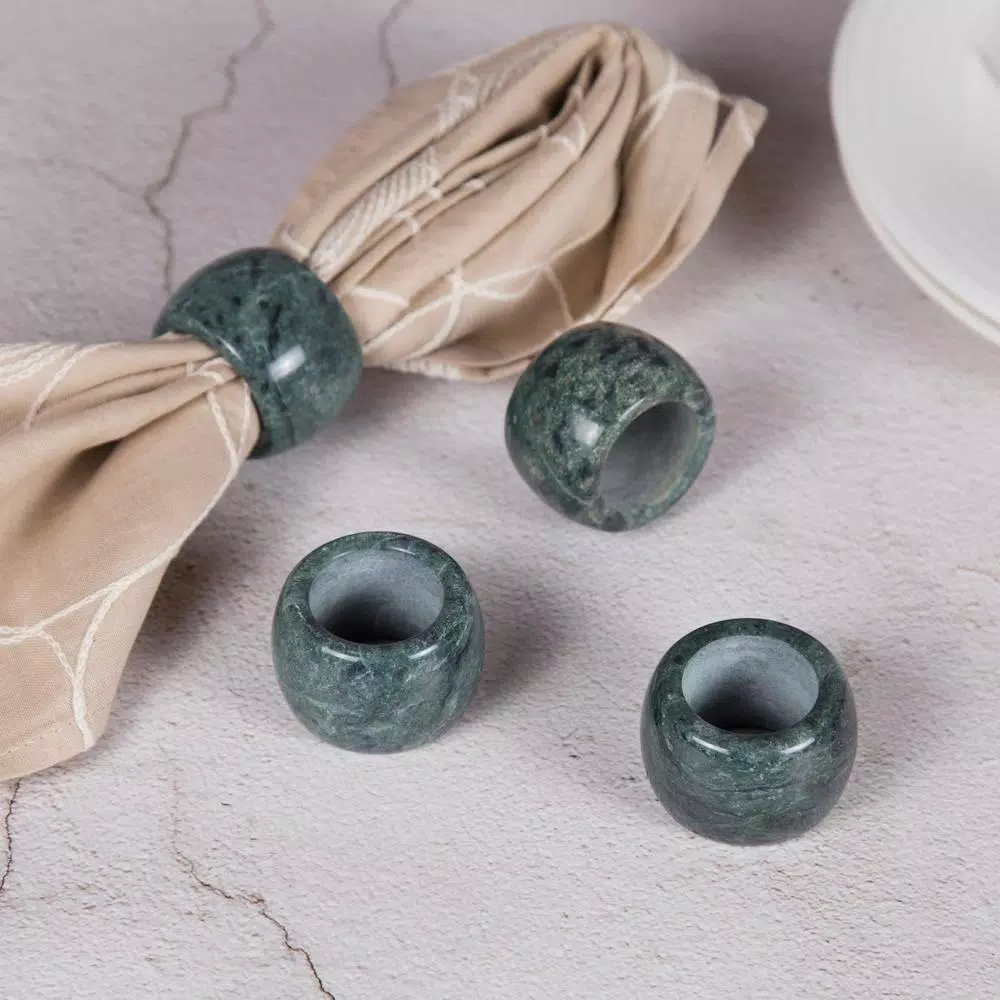 Creative Home Natural Green Marble Napkin Ring Holder Set, Set of 4 for Fine Dining and Weddings