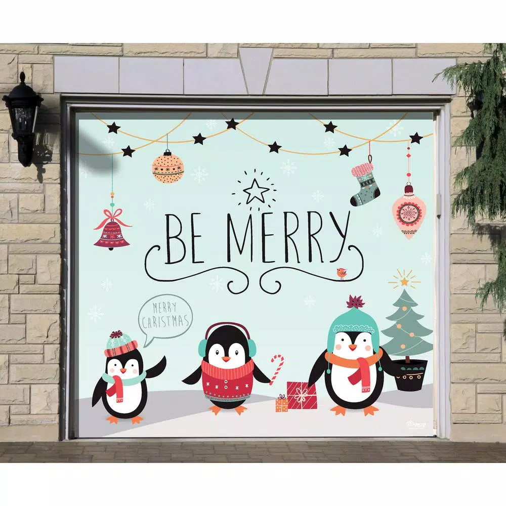 My Door Decor 7 ft. x 8 ft. Merry Penguins Christmas Garage Door Mural Banner