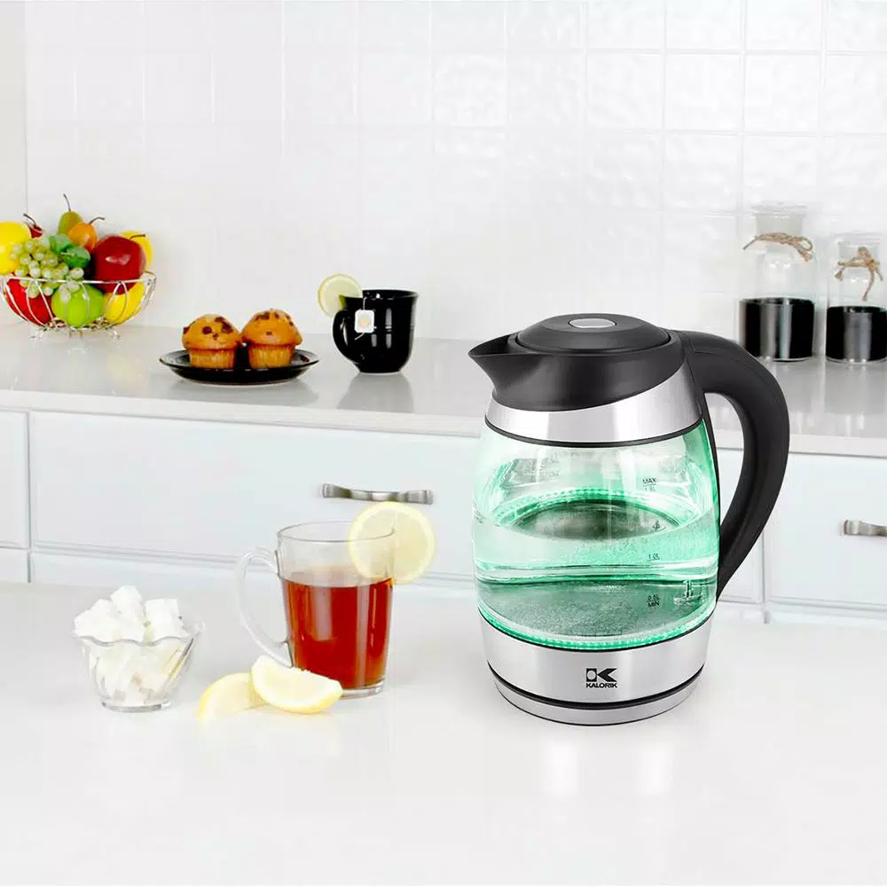 KALORIK 7.5-Cup Glass Electric Kettle with LED Temperature Illumination and Keep Warm Setting