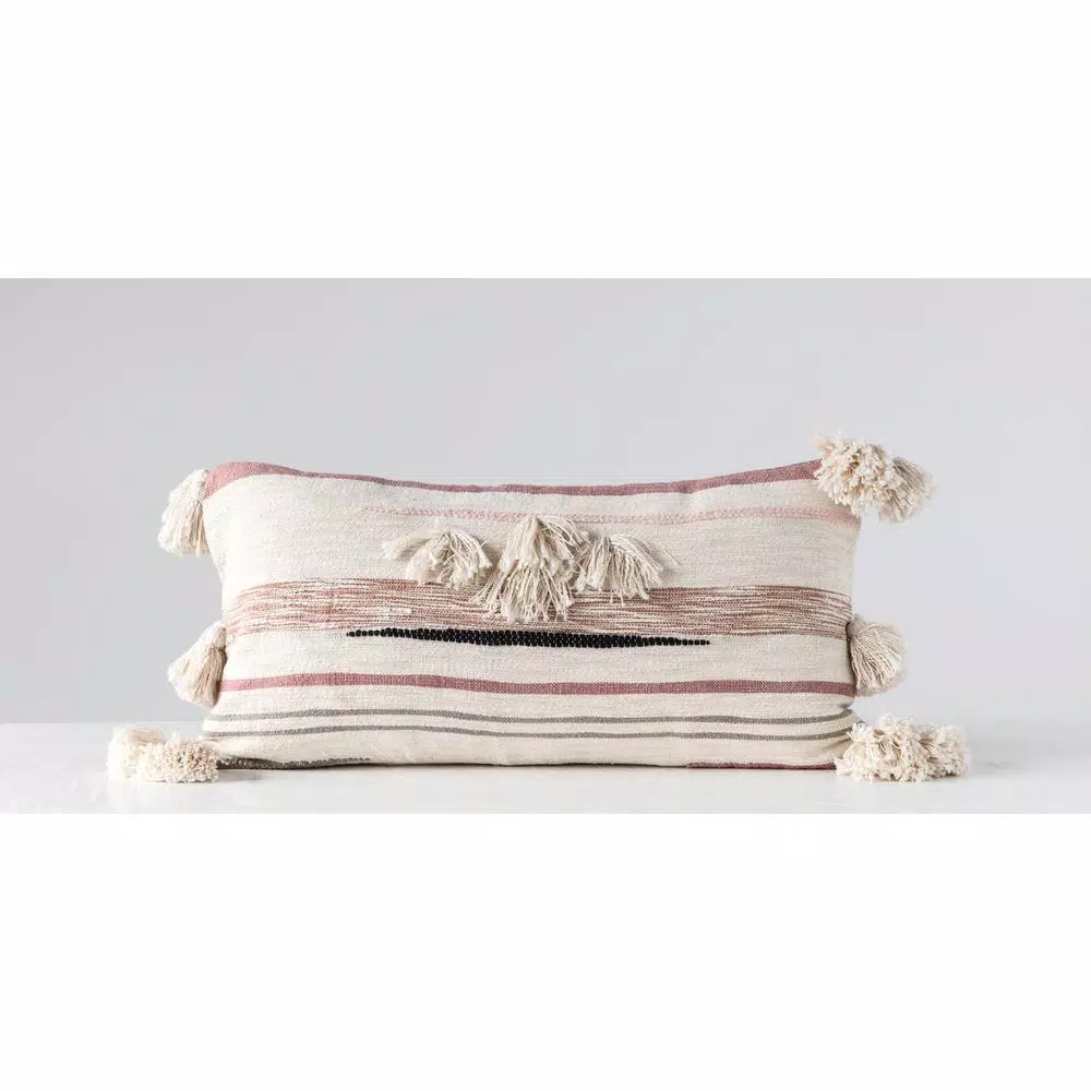 3R Studios Pink, Brown and Black Striped Kilim Throw Pillow with Tassels, 28 x 14 in.