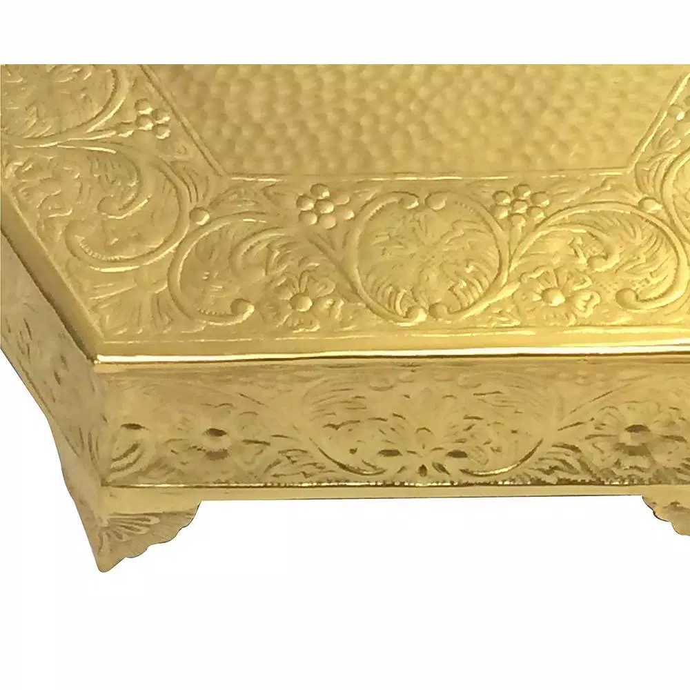 Benzara 16 in. Hexagonal Gold Metal Wedding Cake Stand with Embossed Art Detail