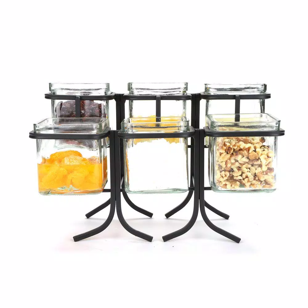 Mind Reader 6-Compartment Black Metal Condiment Server with 6 Removable 8 oz Glass Jars
