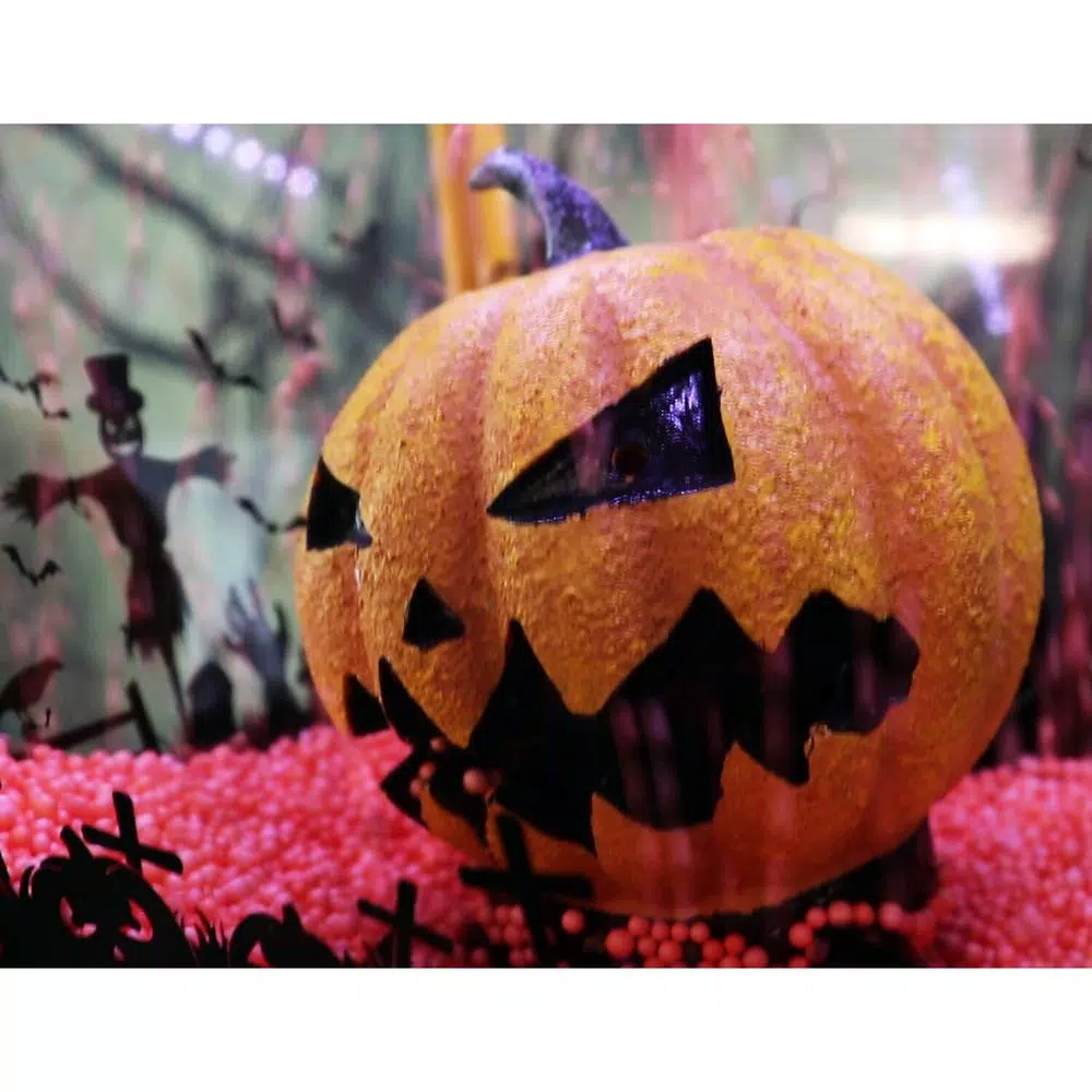 Haunted Hill Farm 71 in. Animated Orange Jack-O-Lantern Halloween Lamp Post with Spooky Music