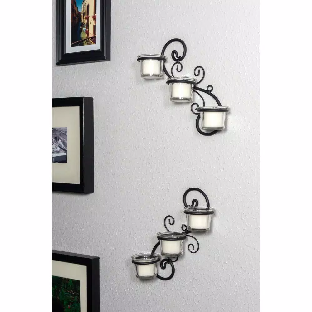 Stonebriar Collection Stonebriar Black Metal Ivy Swirl Candle Wall Sconce Set of 2